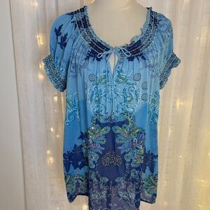 Bila Blue and Green Floral Blouse with Beaded Accents